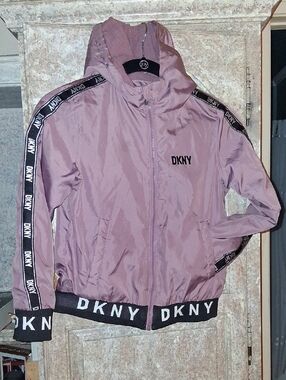 DKNY Girls' Hooded Bomber Jacket in Dusty Rose with Logo Trim